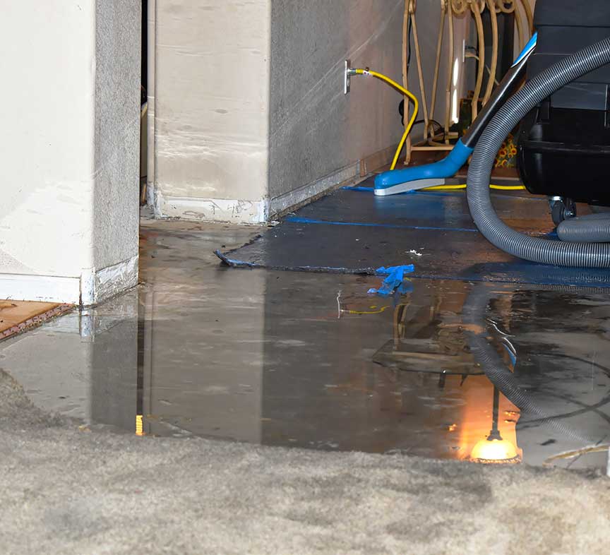 Pooled water and leak damage on a concrete floor