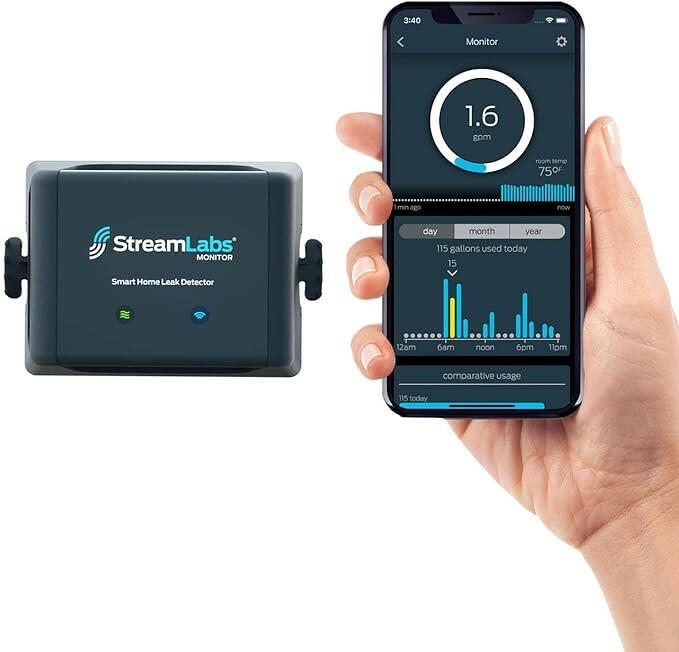 StreamLabs Monitor mobile app displaying water usage and leak alerts